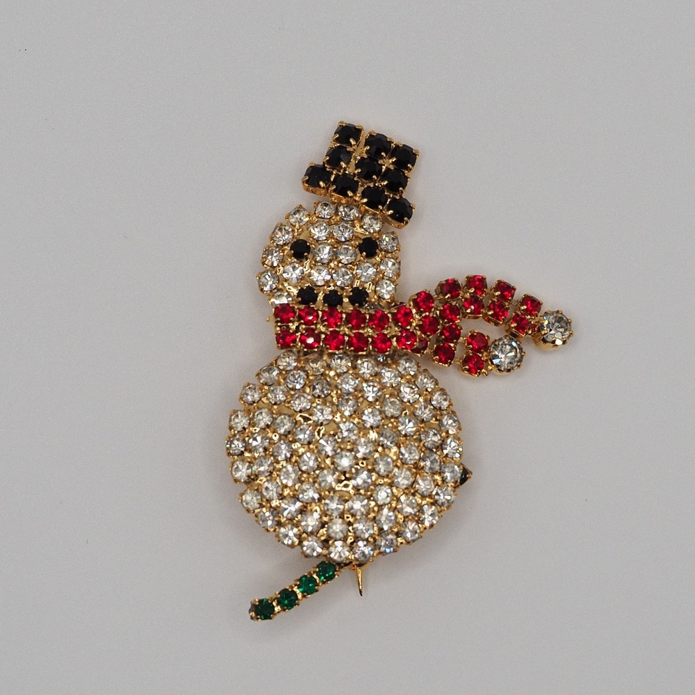 Vintage Snowman Brooch Rhinestone Black Hat Holiday Christmas Gold Tone Pin